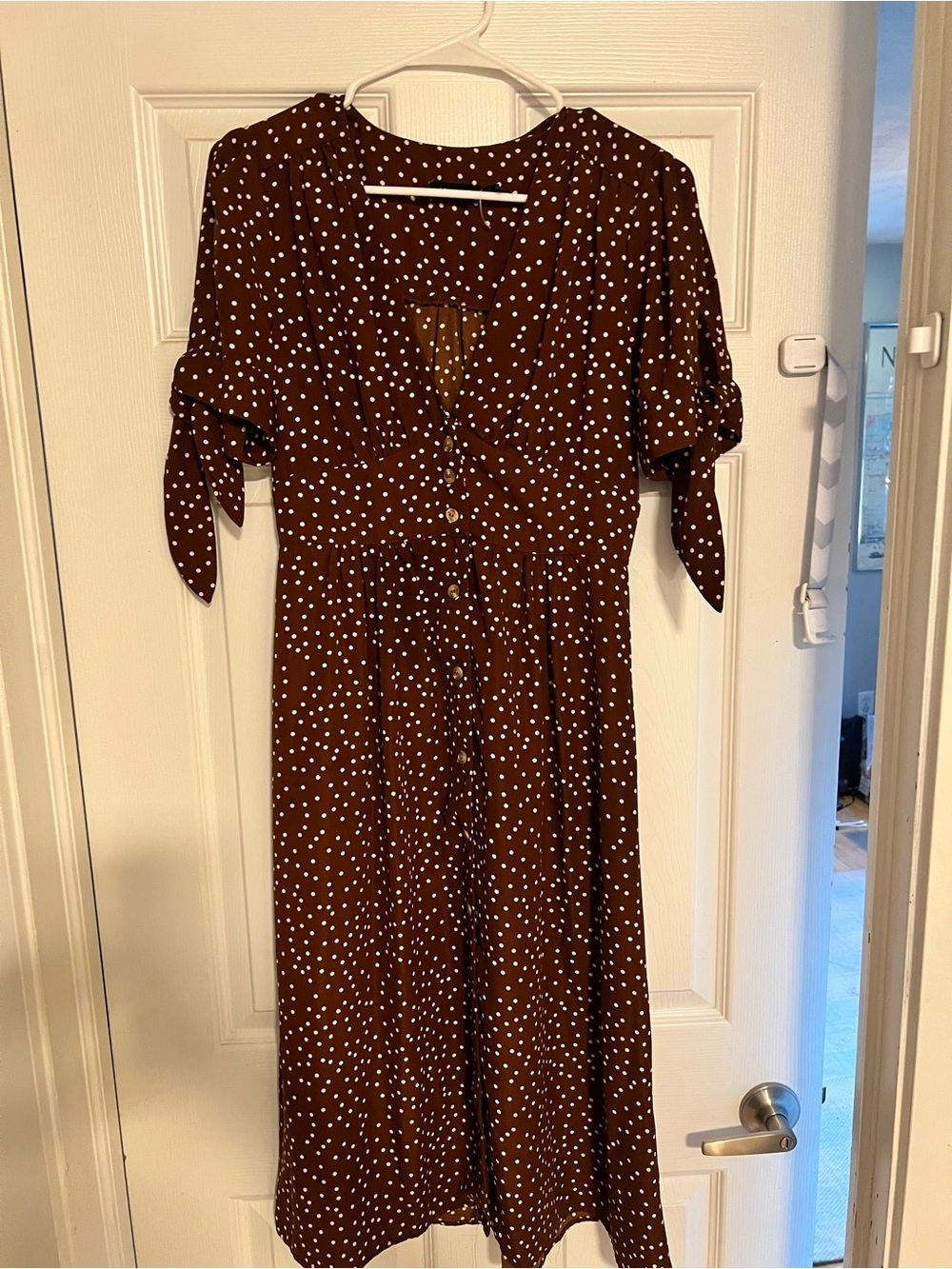 Blu Pepper Brown Polka Dot Midi Dress with Tie Sleeves